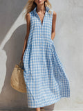 Women's Linen Sleeveless Gingham Shirt Dress