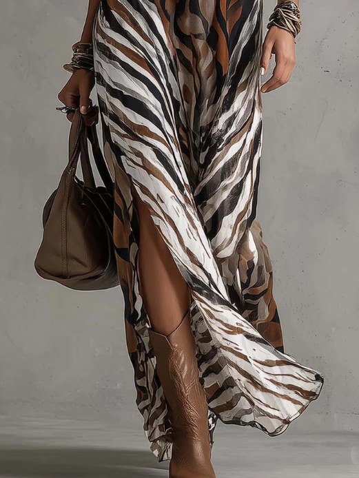 Women's Silk Zebra Print Halter Neck Maxi Dress