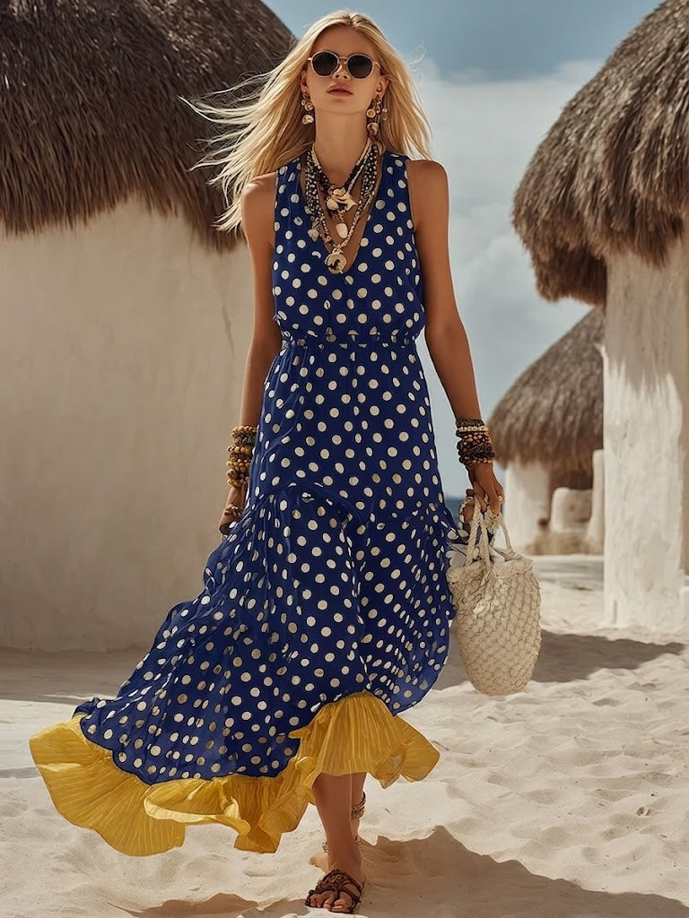 Women's Linen Polka Dot Maxi Dress Sleeveless Tiered Sun Dress