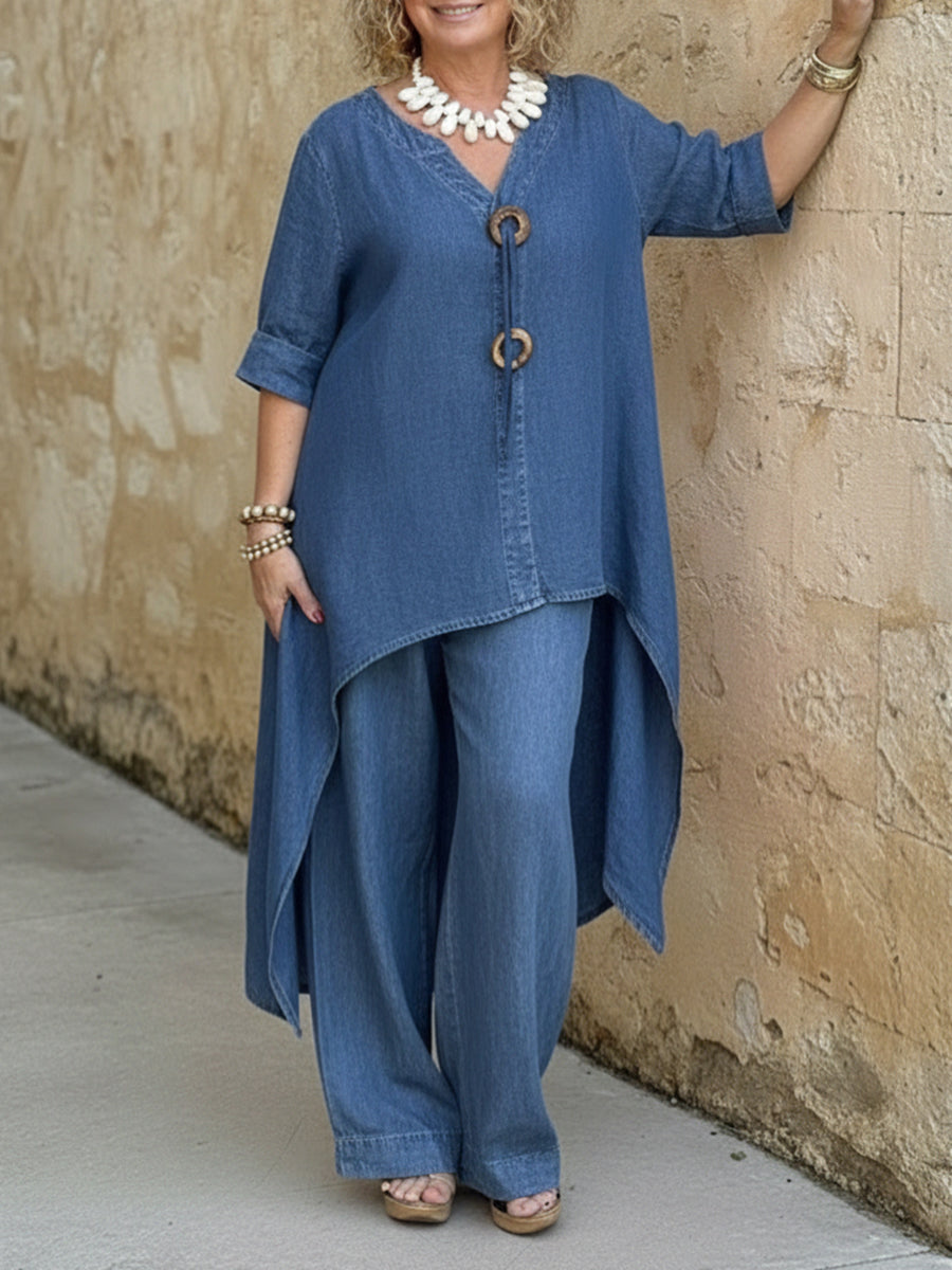 Women's Linen Two Piece Set High Low Tunic and Wide Leg Trousers