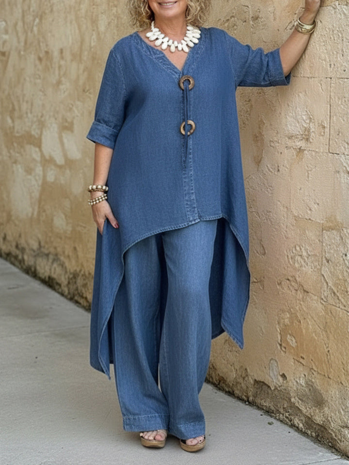 Women's Linen Two Piece Set High Low Tunic and Wide Leg Trousers
