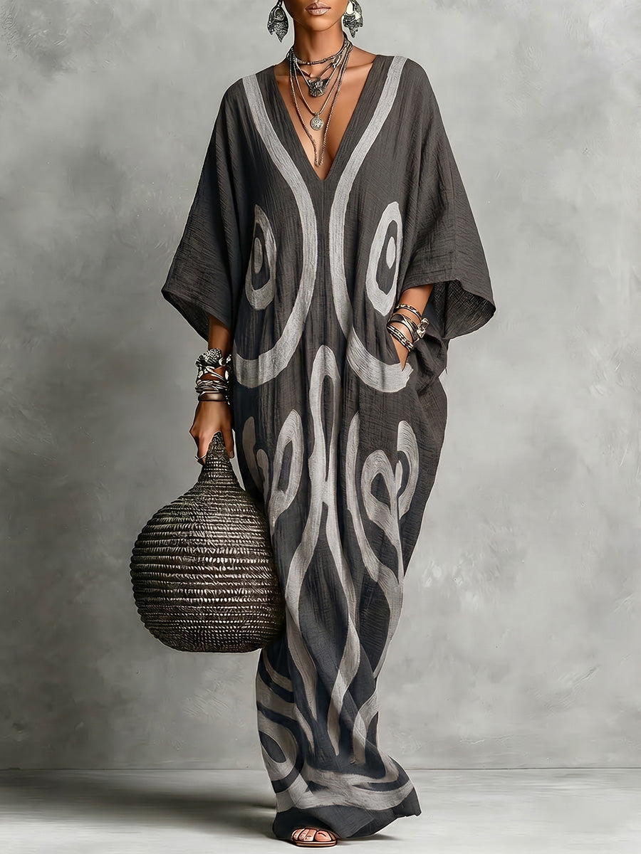 Women's Linen Kaftan V-Neck Maxi Dress