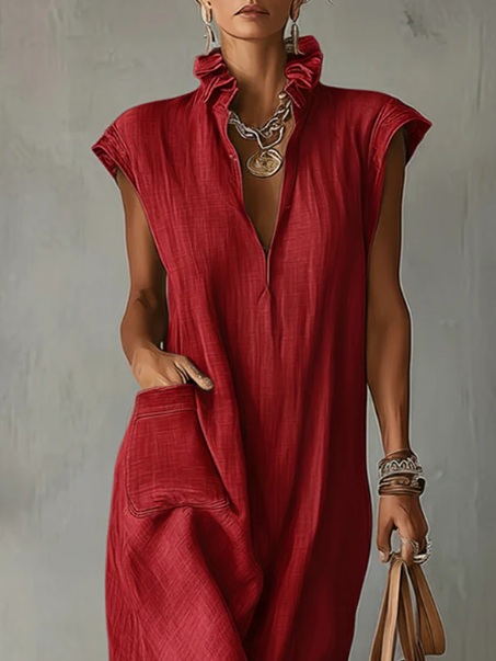 Women's Linen V Neck Ruffle Maxi Dress Sleeveless Kaftan Boho Long Dress