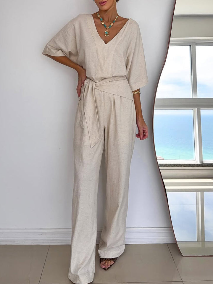 Women's Linen Jumpsuit V-Neck Short Sleeve Belted Wide Leg One Piece Romper