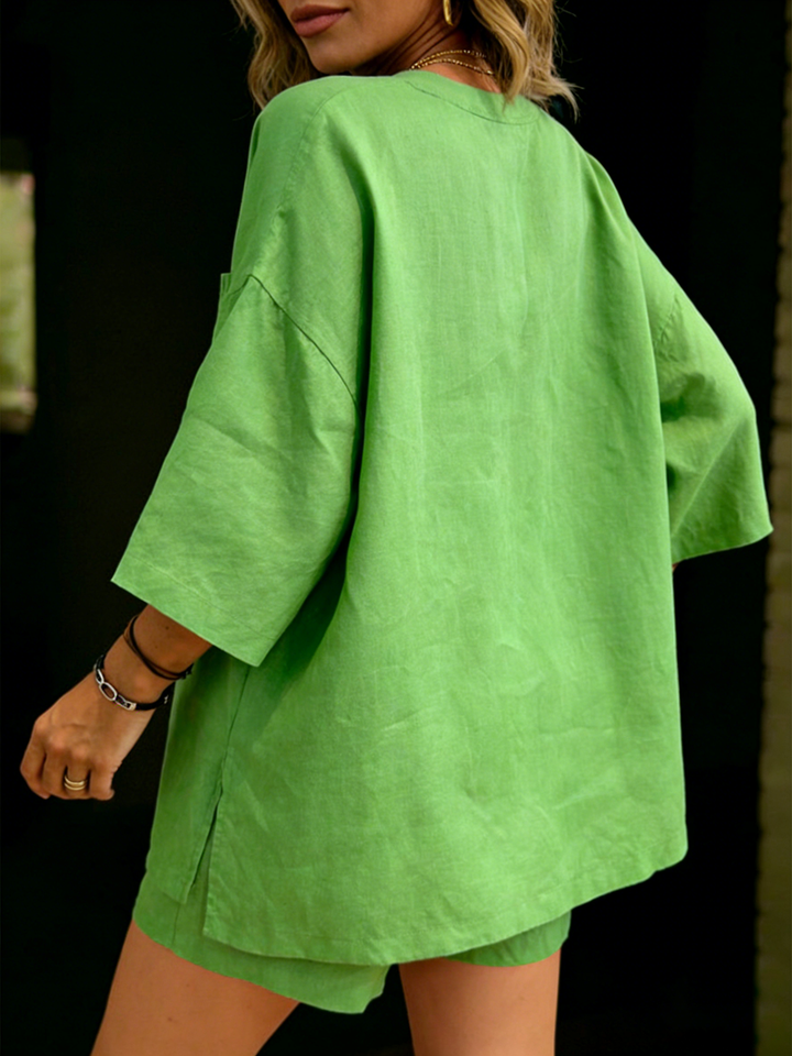 Women's Linen Two Piece Set Shorts and Oversized Top Tunic Outfit