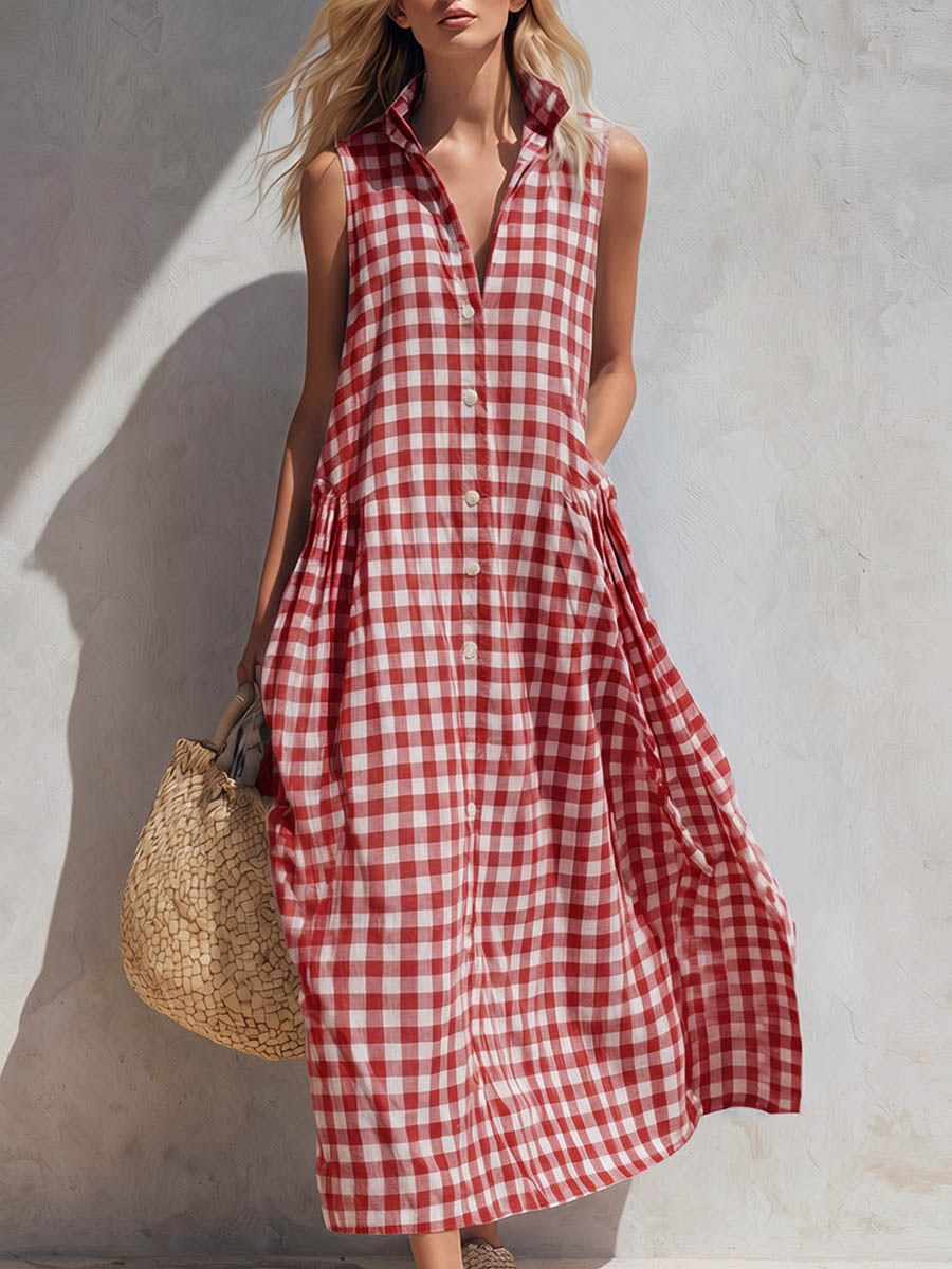 Women's Linen Sleeveless Gingham Shirt Dress