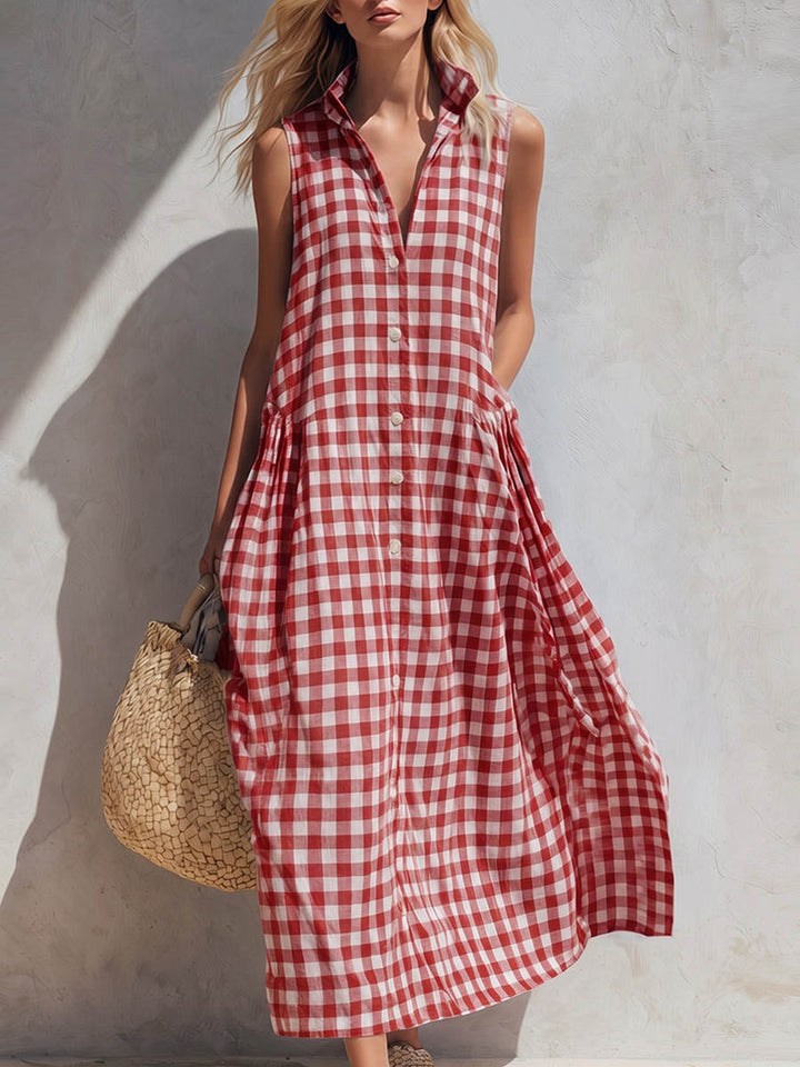 Women's Linen Sleeveless Gingham Shirt Dress