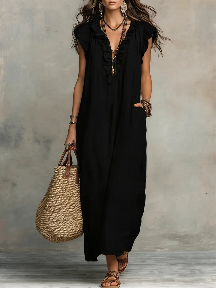 Women's Linen V-Neck Sleeveless Kaftan Boho Maxi Dress