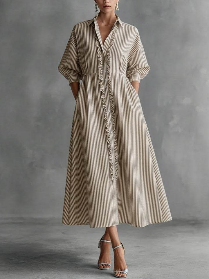 Women's Button Front Linen Midi A-Line Shirt Dress