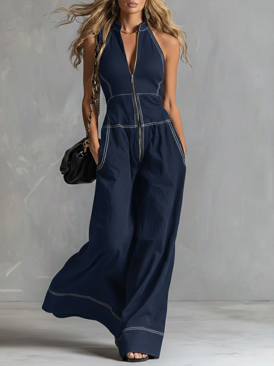 Women's Denim Jumpsuit Sleeveless V-Neck Wide Leg Jean Romper One-Overalls