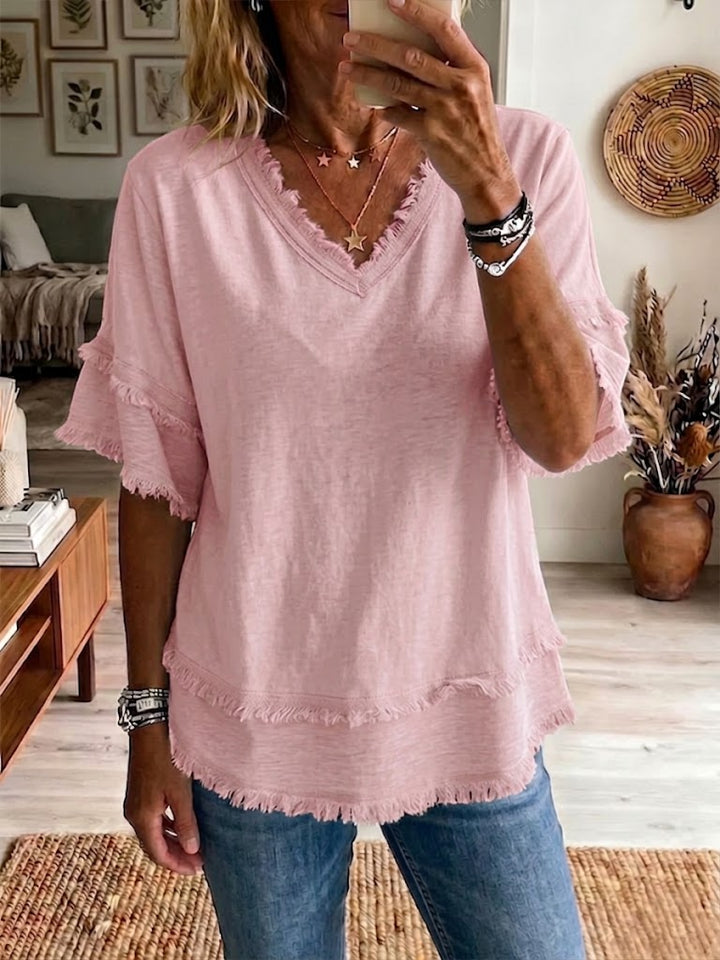 Women's Linen V-Neck Ruffle Sleeve Tunic Top