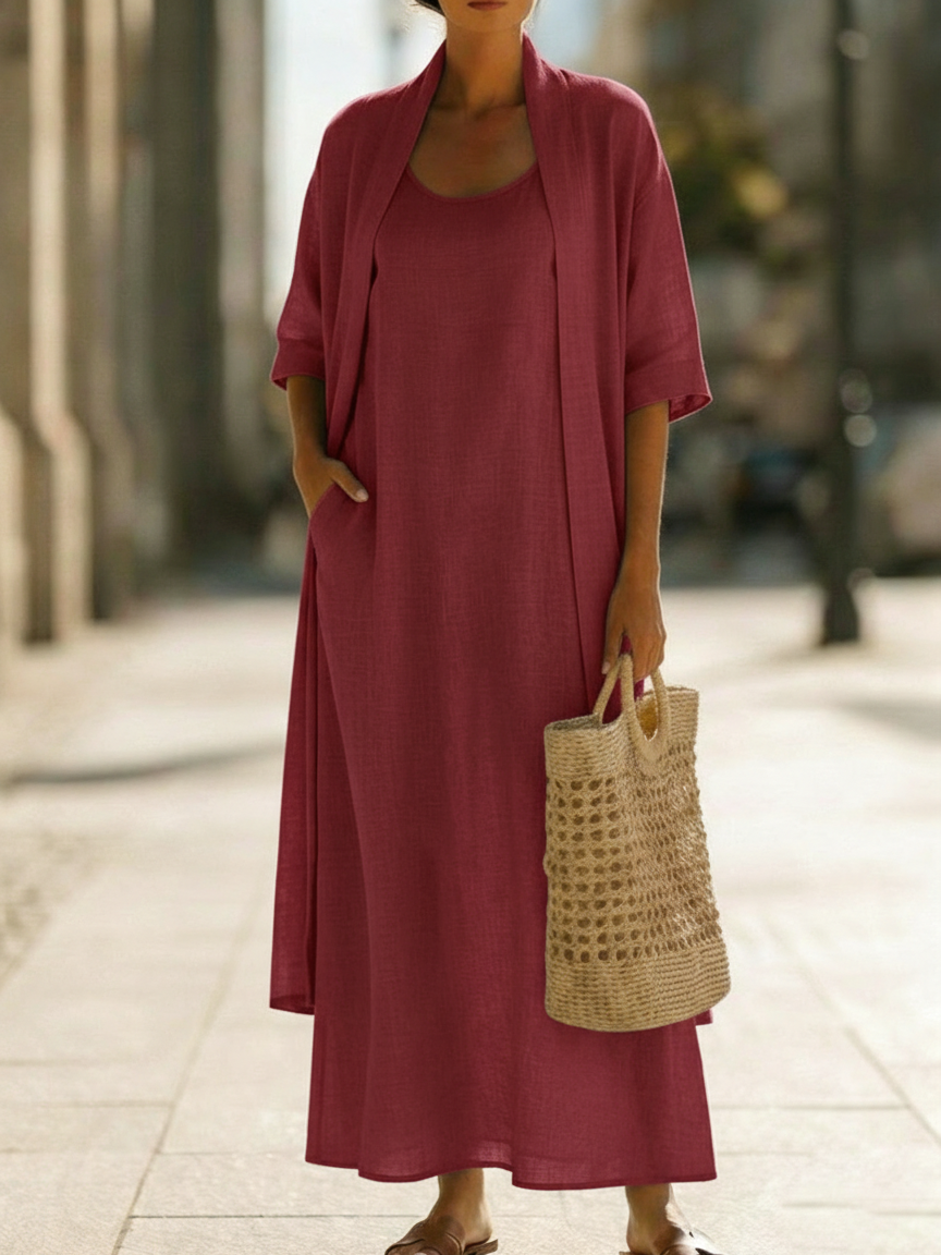 Women's Linen Maxi Dress and Cardigan Two Piece Set