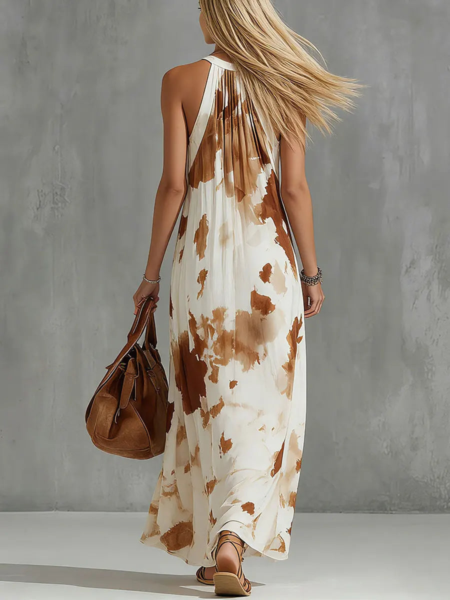 Women's V-Neck Sleeveless Loose Fit Art Print Linen Maxi Dress