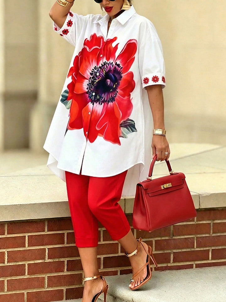 Women's Floral Print Oversized Linen Mix Shirt and Cropped Trousers Set