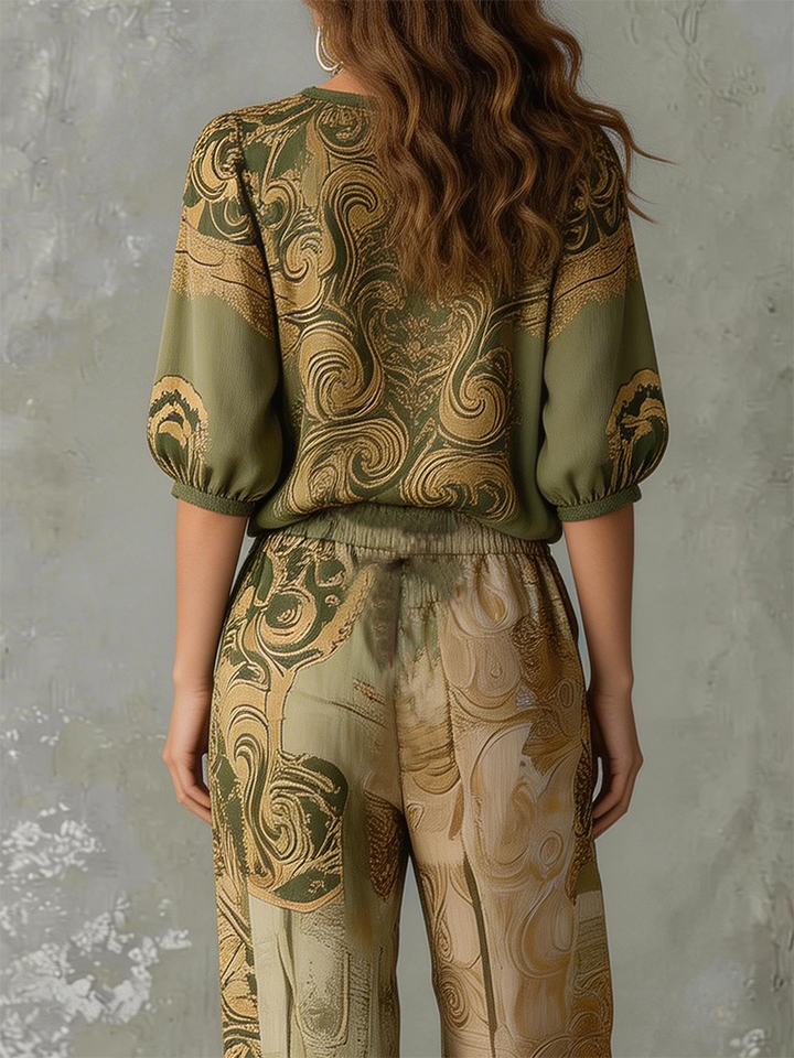 Women's Linen V-Neck Shirt Bohemian Retro Printed Loose Half Sleeve Top
