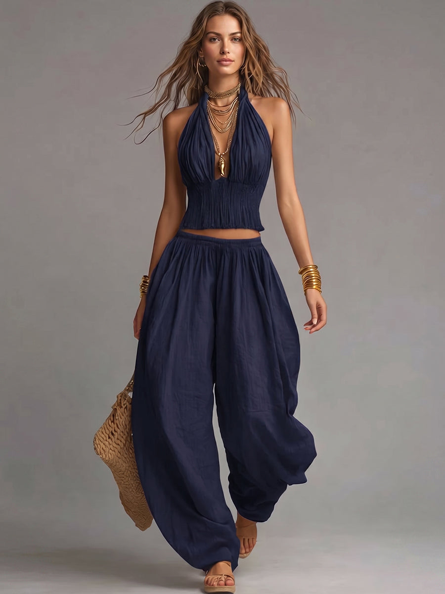 Women's Linen Halter Neck Top and Harem Trousers Two Piece Set