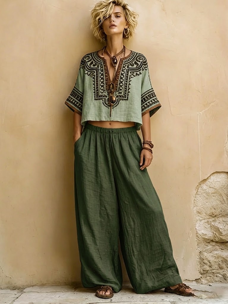 Linen Women's Boho Embroidered V-Neck Crop Top and Wide Leg Trousers Set