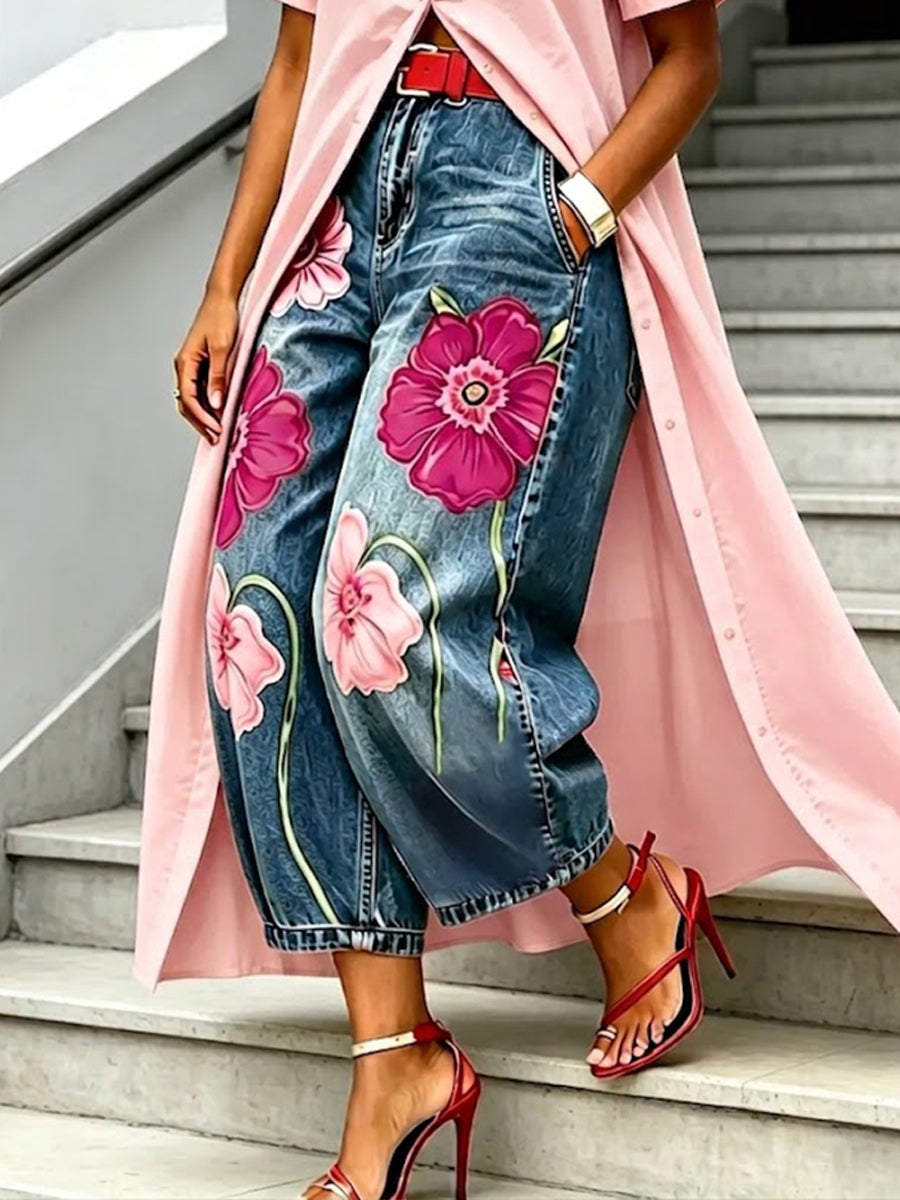 Women's High Waisted Wide Leg Floral Embroidered Denim Jeans