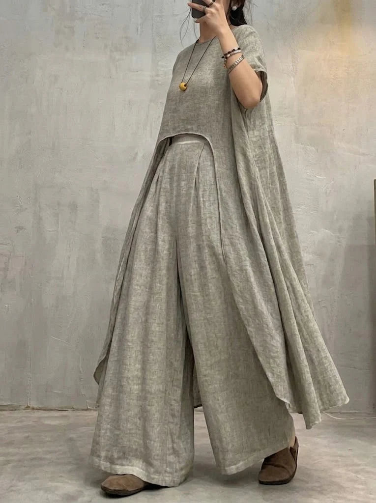 Women's Linen Wide Leg Trousers and Layered Top Set