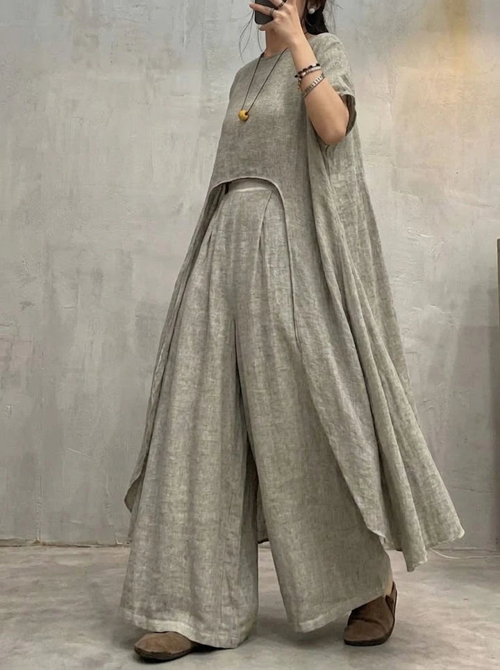 Women's Linen Wide Leg Trousers and Layered Top Set