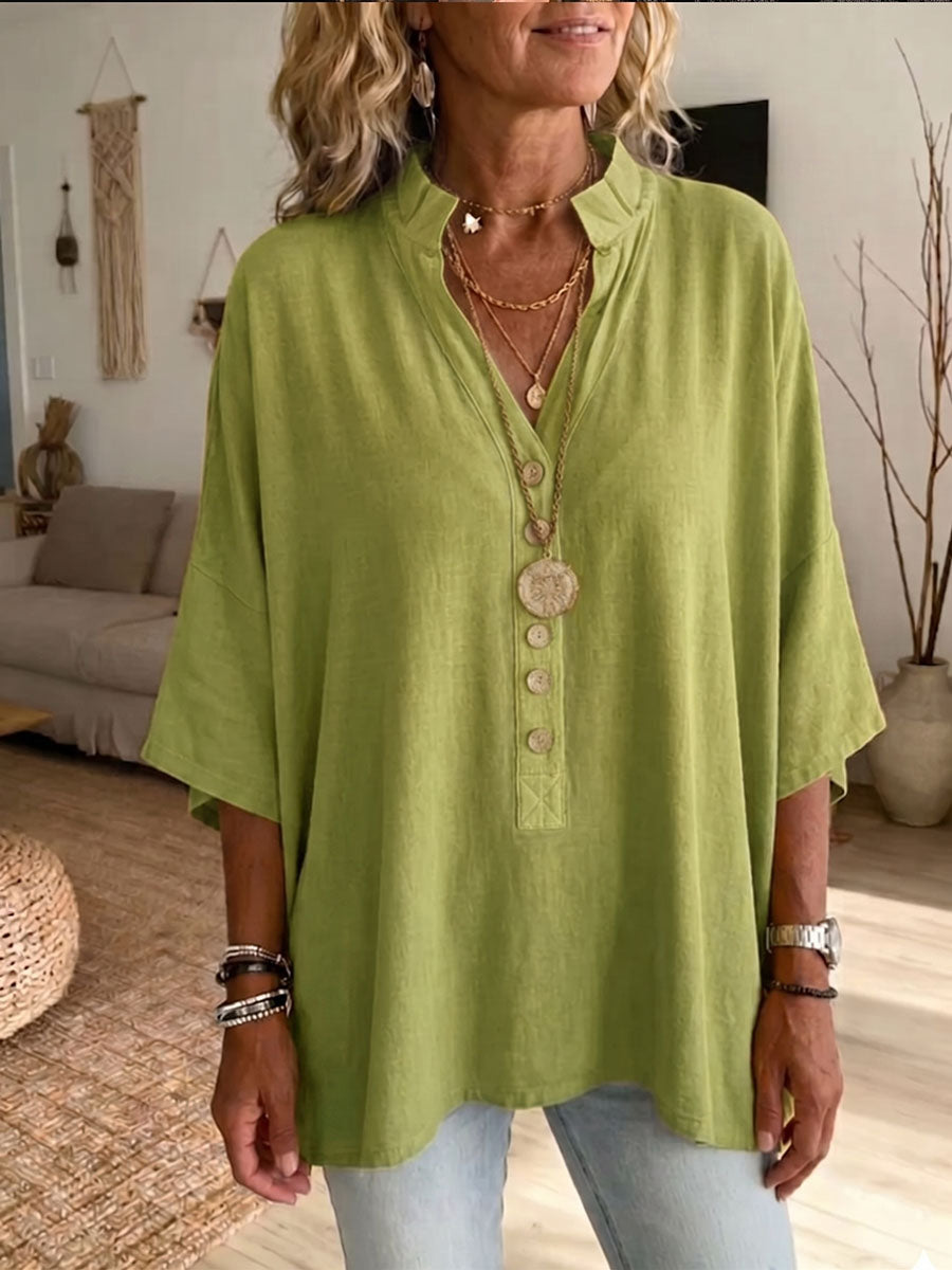 Women's Linen Blouse V Neck Loose Fit Shirt Tunic Top