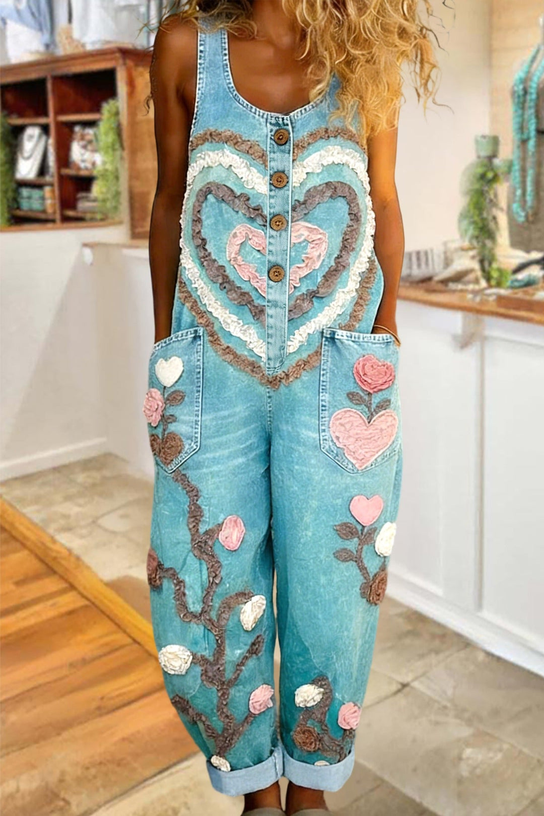 Women Denim Jumpsuit Heart Graphic Casual Romper