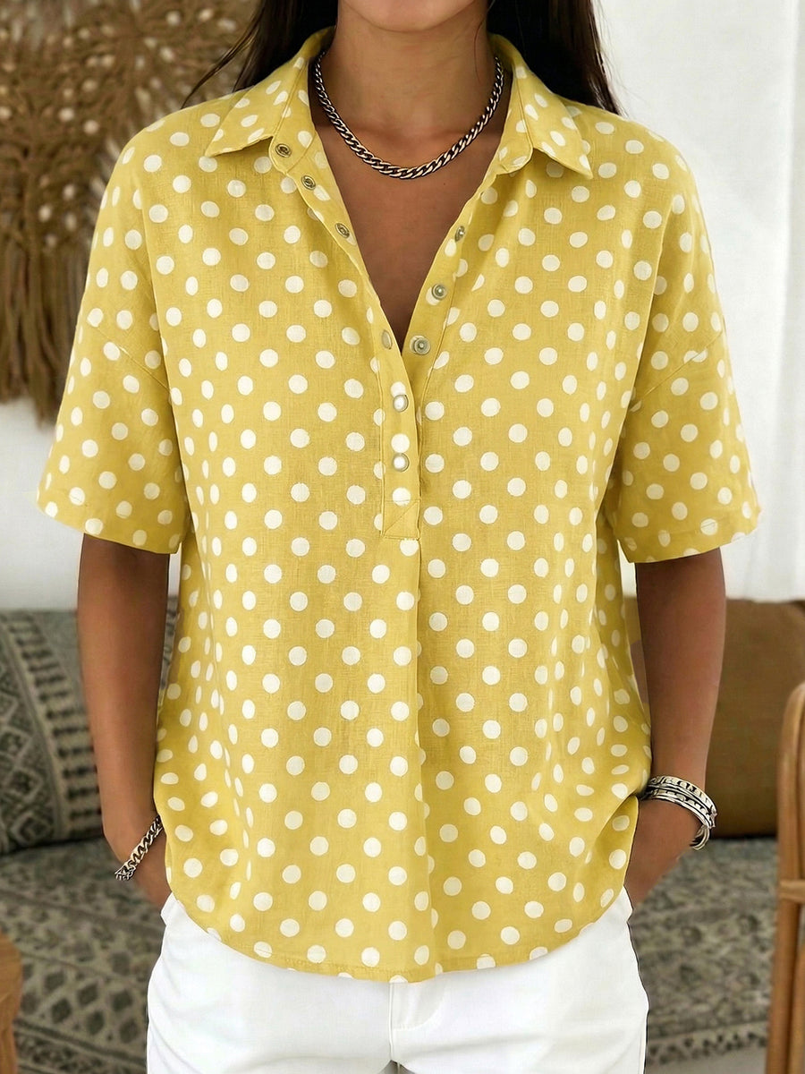 Women's Linen Polka Dot Short Sleeve Collared Shirt Blouse Top