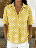 Women's Linen Polka Dot Short Sleeve Collared Shirt Blouse Top