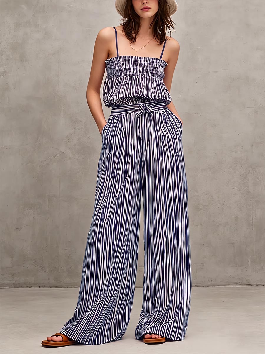 Women’s Striped Linen Wide Leg Jumpsuit Sleeveless Romper