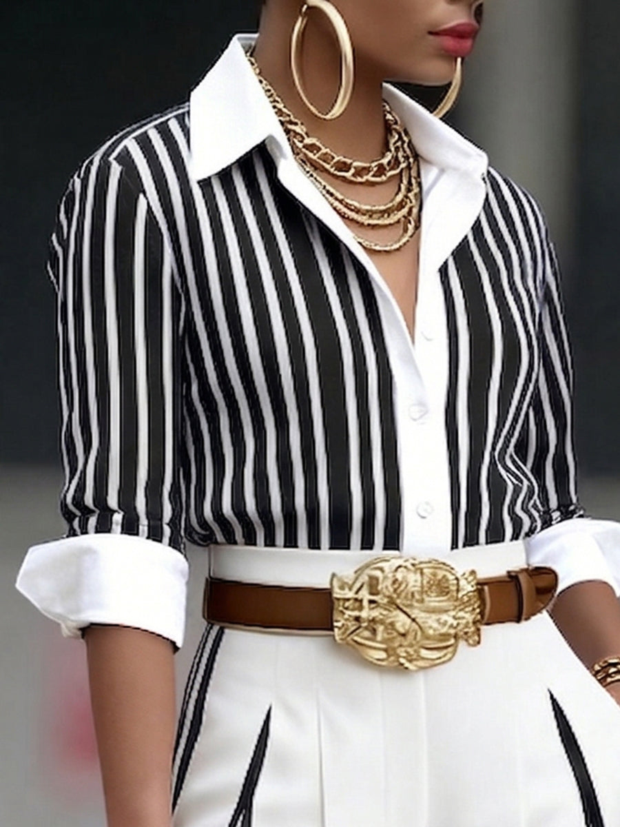 Women's Striped Linen Shirt Button Down Collar Long Sleeve Blouse