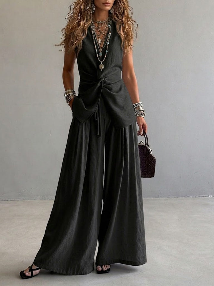 Women's Linen Two Piece Set  Sleeveless Wrap Top & Wide Leg Pants