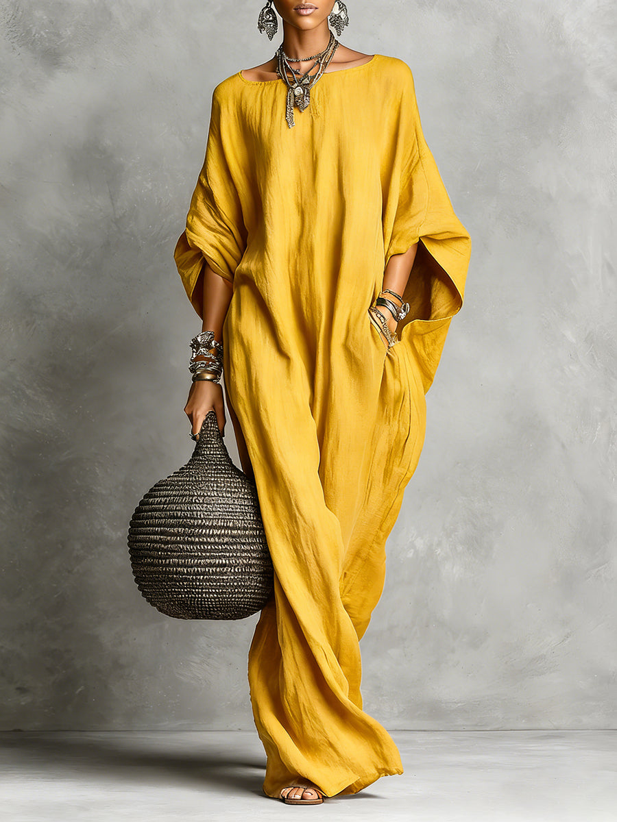 Women's Linen Maxi Kaftan Dress Bohemian Oversized Batwing Sleeve Long Gown