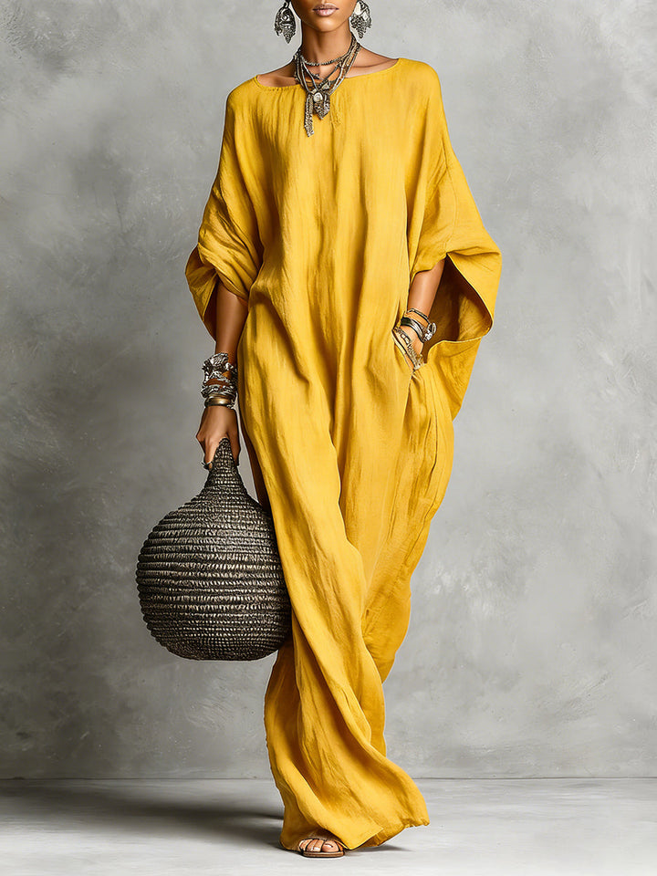 Women's Linen Maxi Kaftan Dress Bohemian Oversized Batwing Sleeve Long Gown