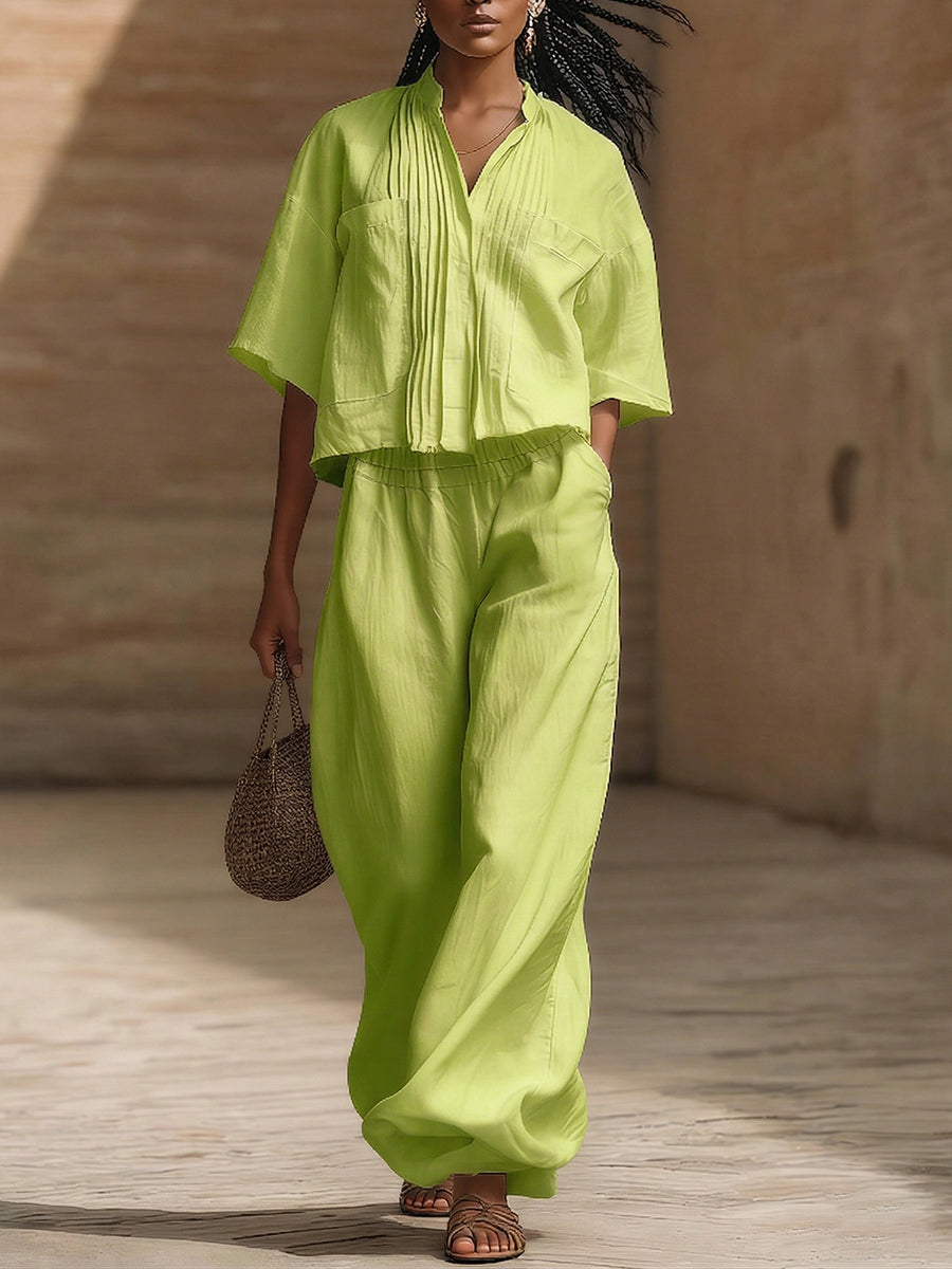 Women's Linen Two Piece Set Relaxed Fit Pleated Shirt and Wide Leg Trousers