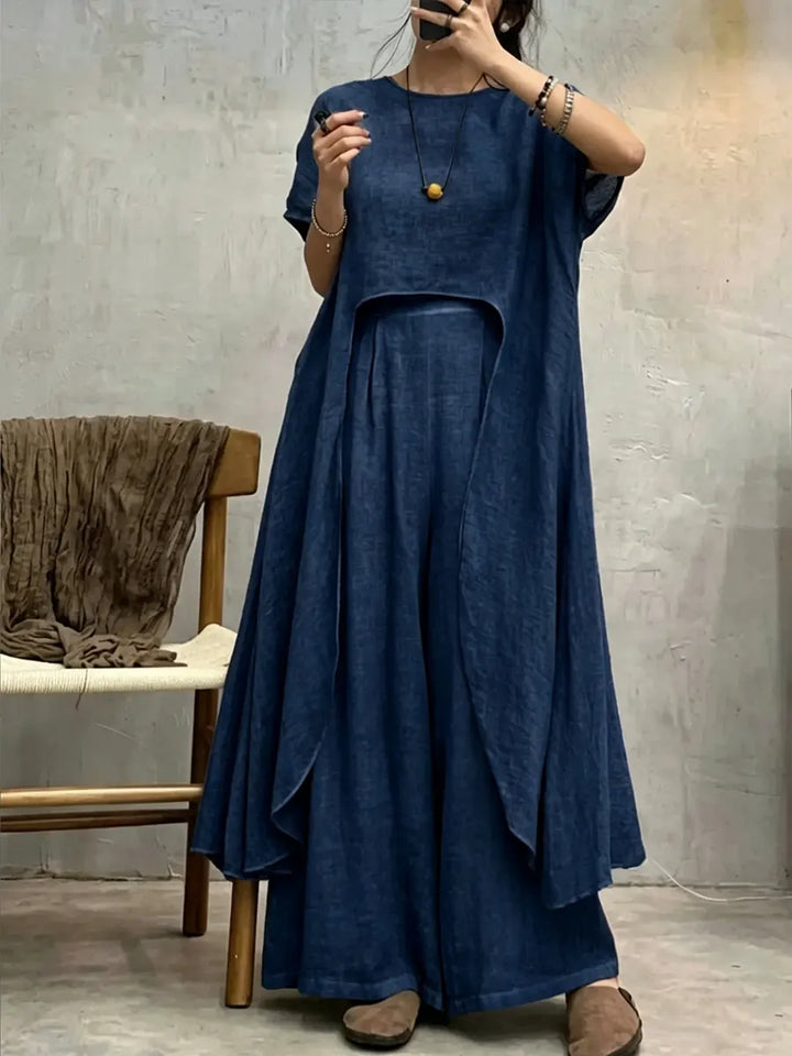 Women's Linen Wide Leg Trousers and Layered Top Set