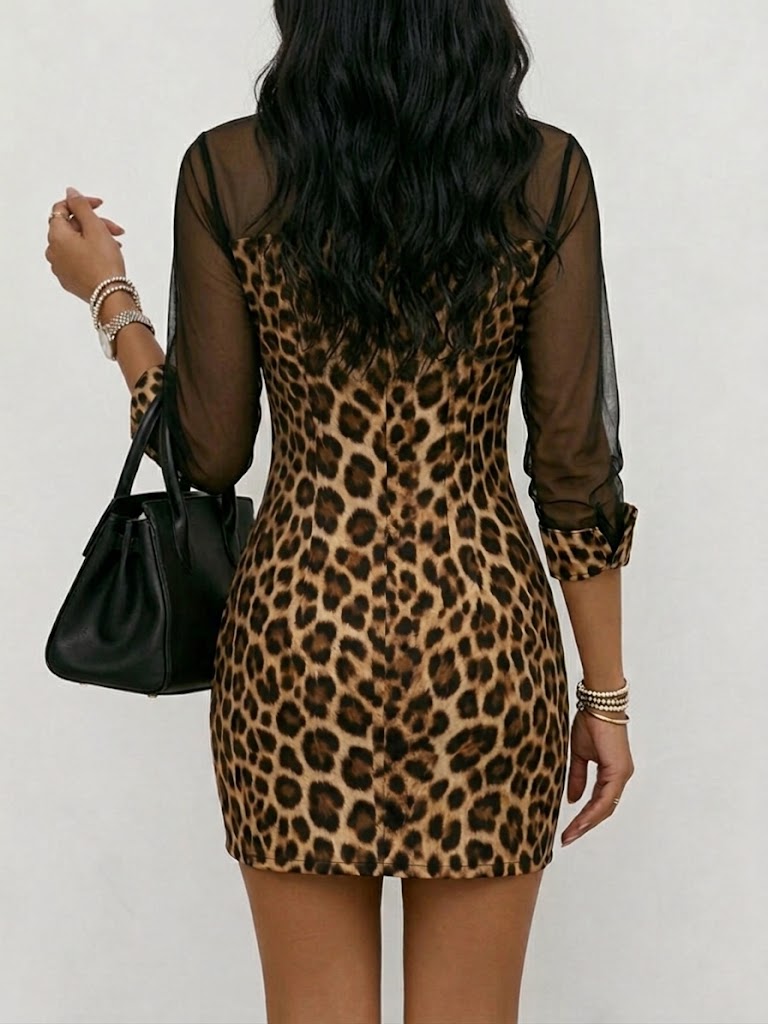 Women's Leopard Print Shirt Dress Mesh Long Sleeve Chiffon Mini Dress