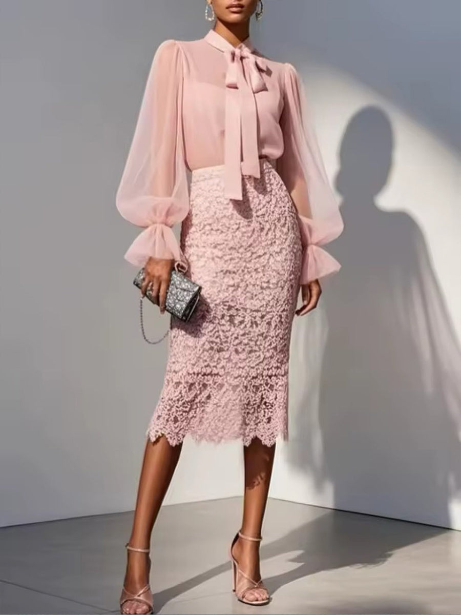 Women's Lace Skirt and Chiffon Blouse Set