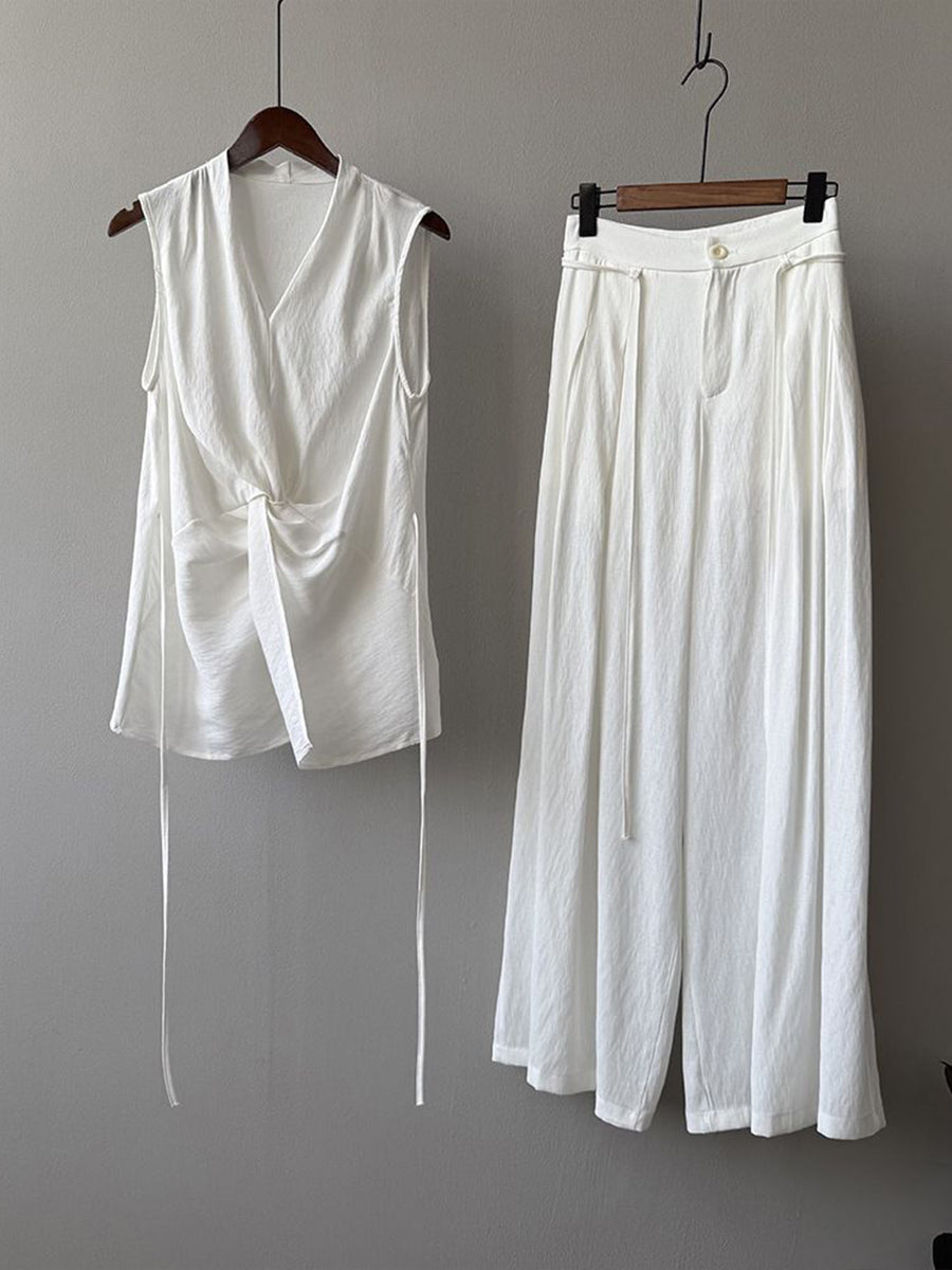 Women's Linen Two Piece Set  Sleeveless Wrap Top & Wide Leg Pants