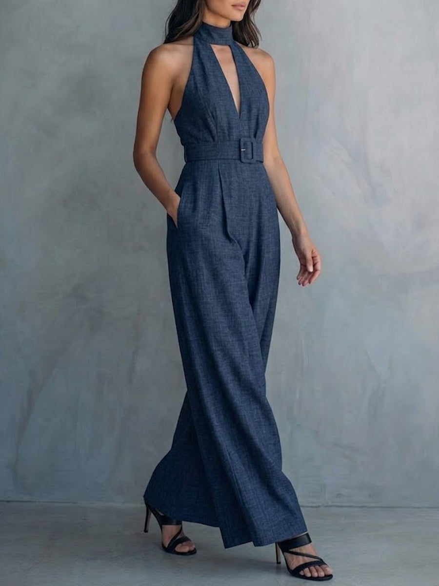 Women's Linen Halter Neck Deep-V Wide Leg Jumpsuit