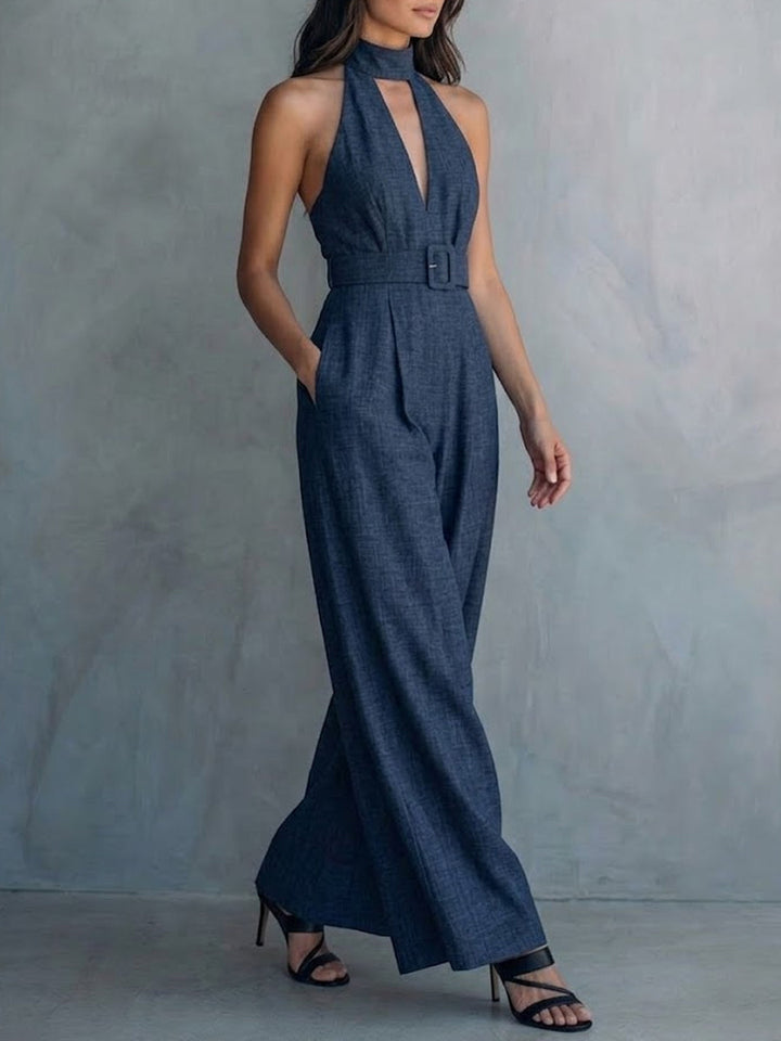 Women's Linen Halter Neck Deep-V Wide Leg Jumpsuit