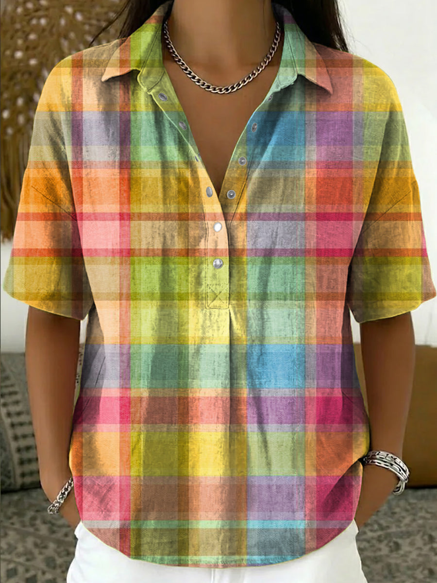 Women's Plaid Short Sleeve V-Neck Linen Shirt