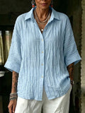 Women's Linen Blouse Button Down Shirt Casual Tops 3/4 Sleeve