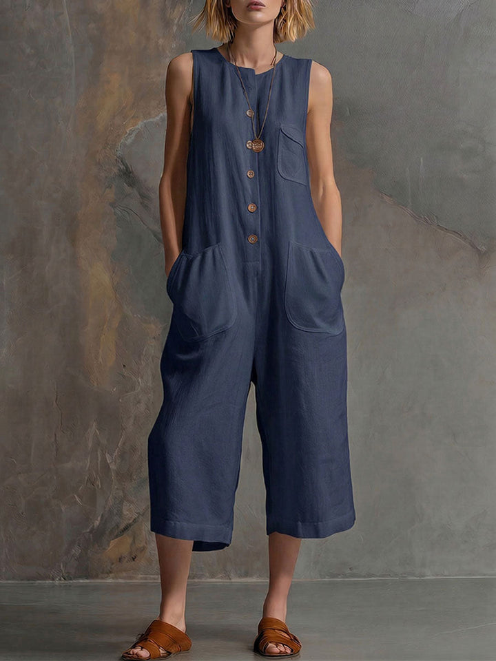 Women's Linen Sleeveless Jumpsuit Round Neck Casual Wide Leg Overalls