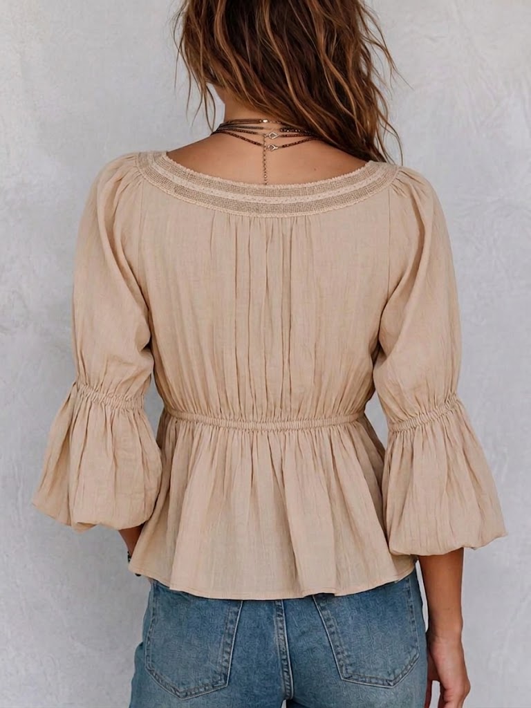 Women's Square Neck Linen Three-Quarter Sleeve Blouse