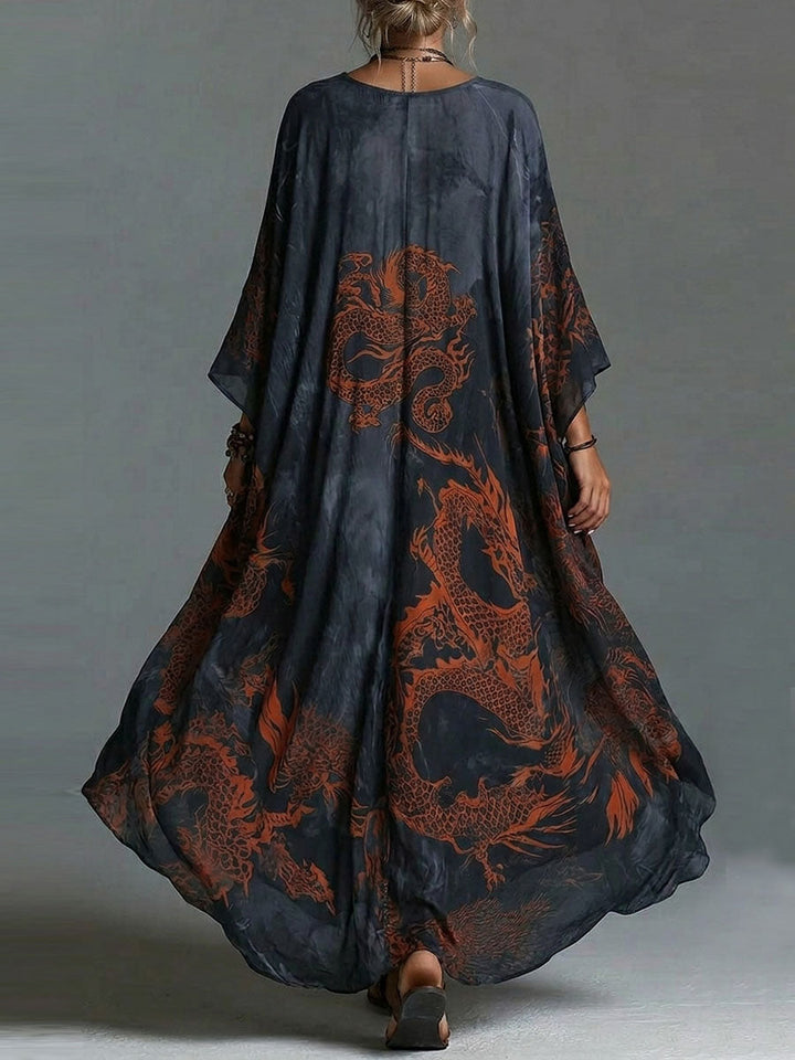 Women's Dragon Print Breathable Linen Blend Kaftan Maxi Dress