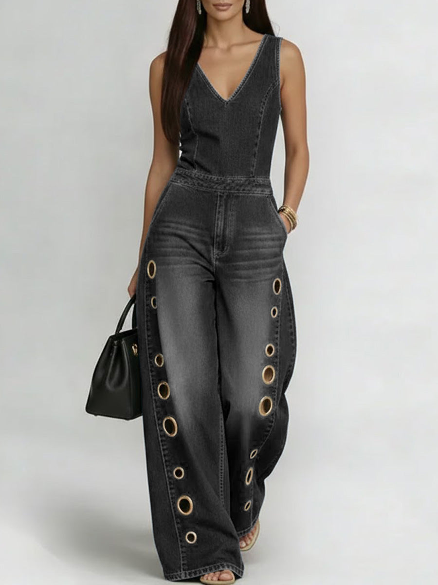 Women's Denim Wide Leg Jumpsuit Sleeveless V-Neck One Piece Bodysuit