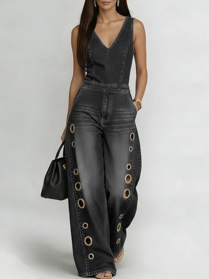 Women's Denim Wide Leg Jumpsuit Sleeveless V-Neck One Piece Bodysuit