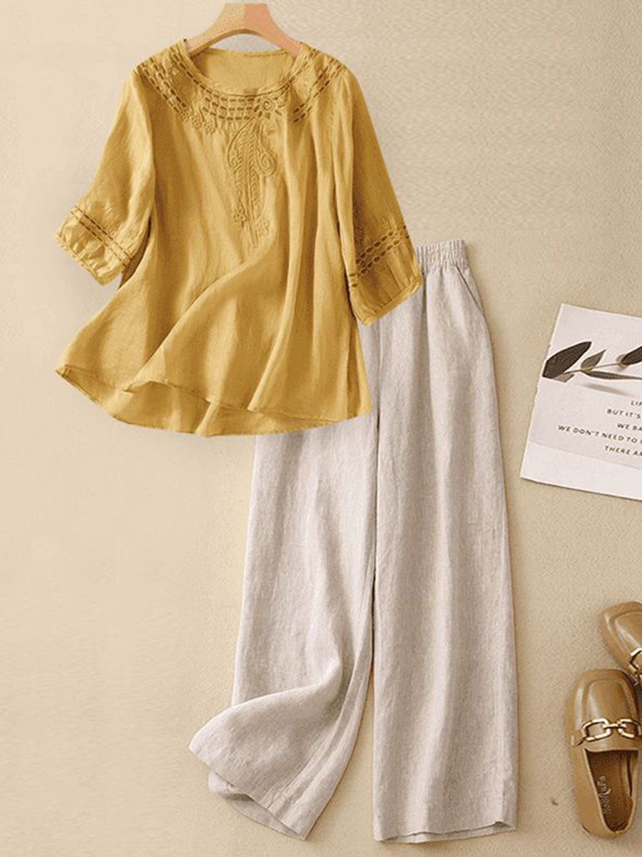 Women's Linen Two Piece Set Long Sleeve Top and Wide Leg Pants