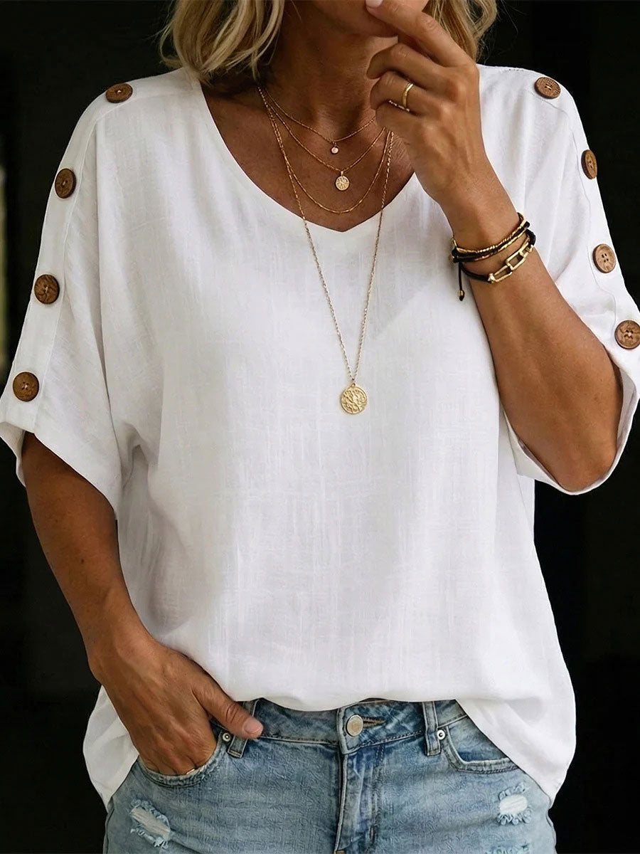 Women's Short Sleeve V-Neck Loose Fit Linen Tunic