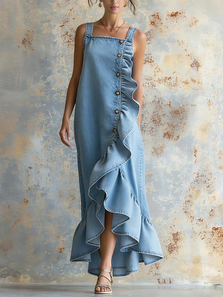 Women's Sleeveless Square-Neck Denim Maxi Dress